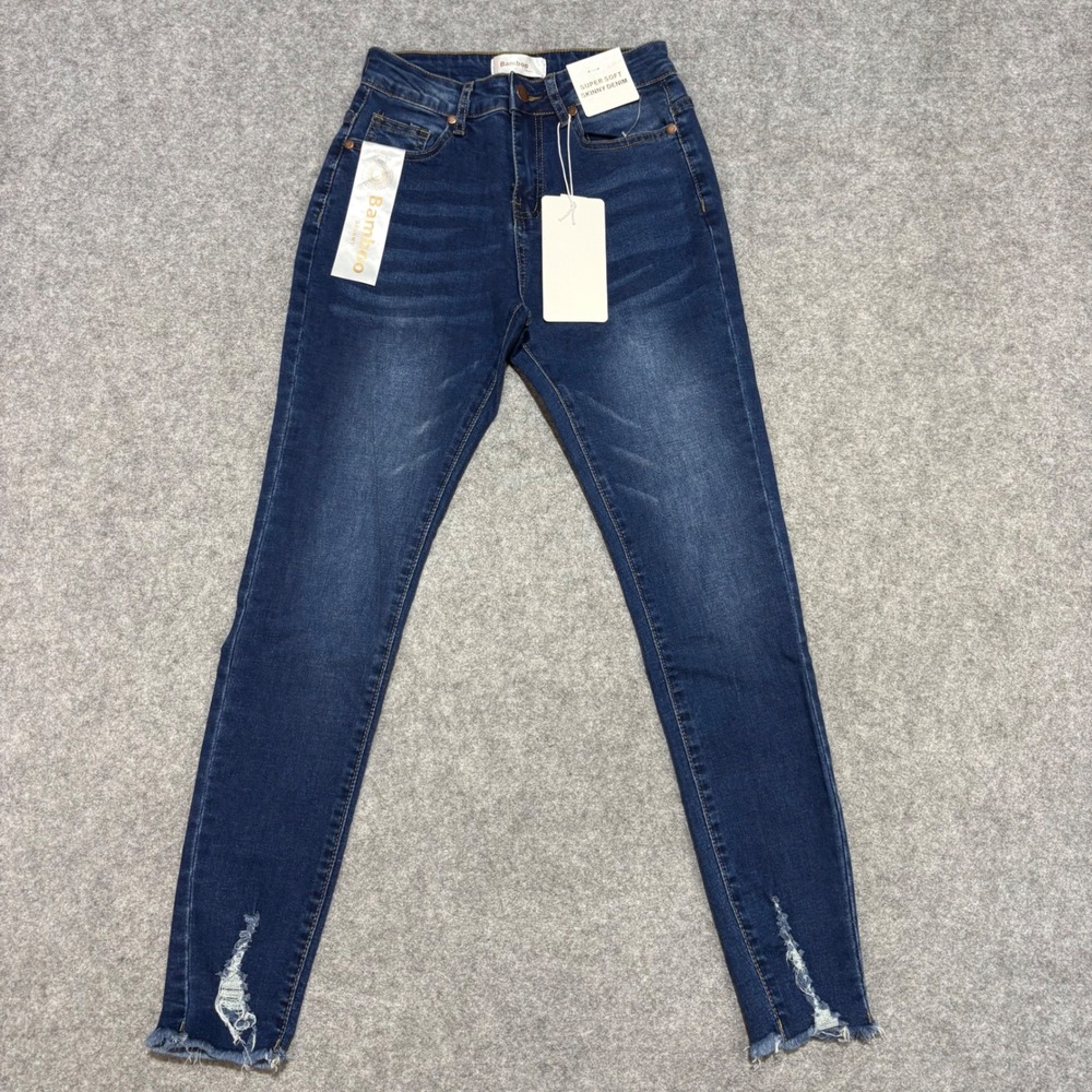 Bamboo Jeans Women Size 1 Super Soft Skinny Denim High Rise Distressed Hem Blue
